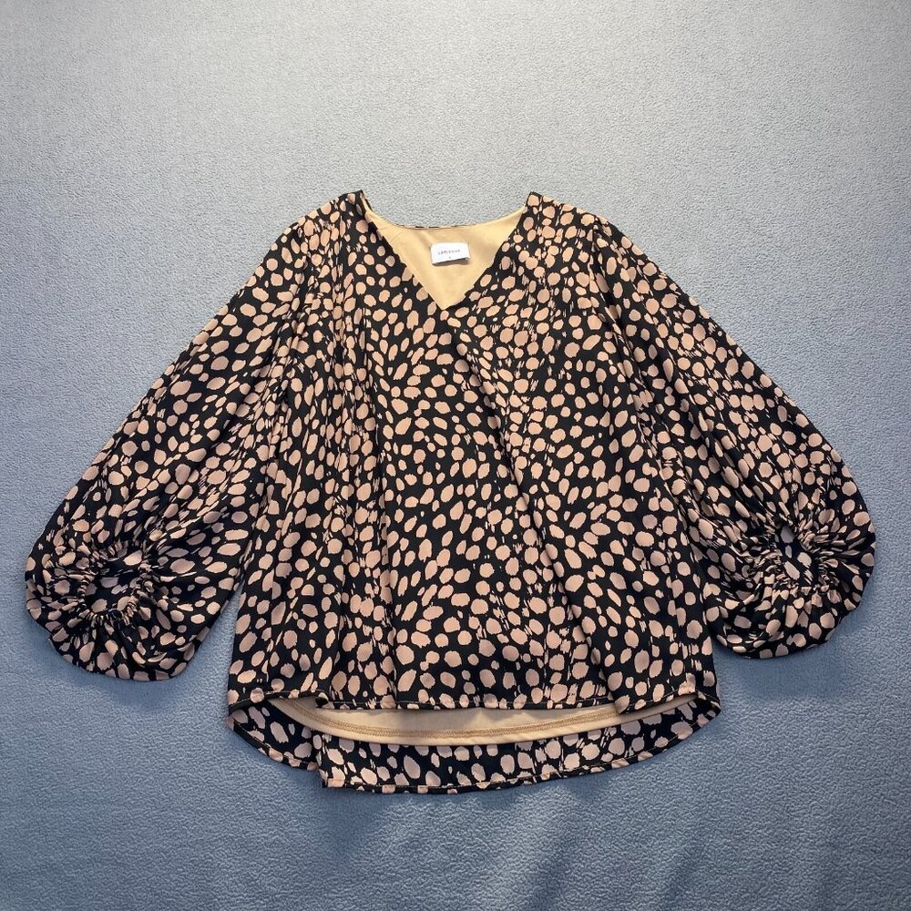ADRIENNE Women's Blouse size medium,Animal Print,Ballon‎ Sleeve,Lined,V Neck